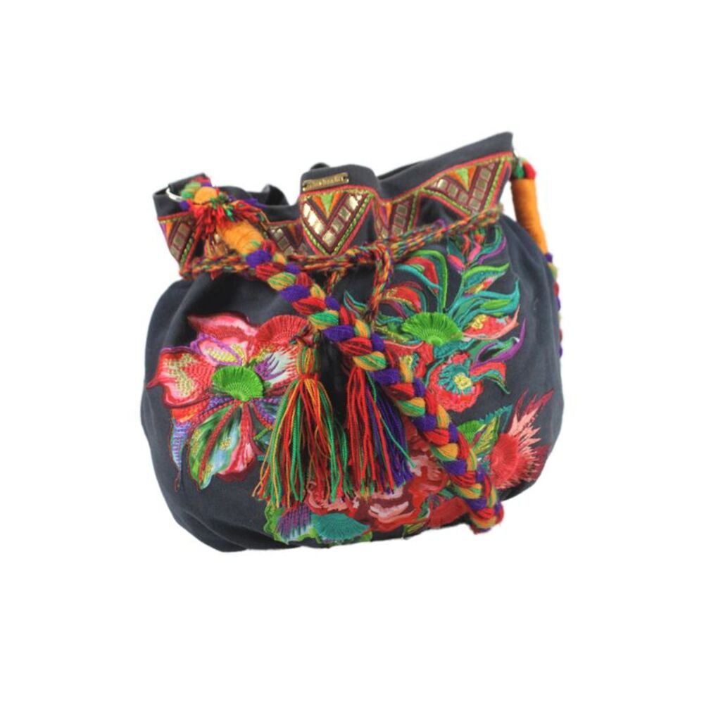 Agua Bendita Womens Cotton Floral Embroidered Bucket Handbag Multicolor